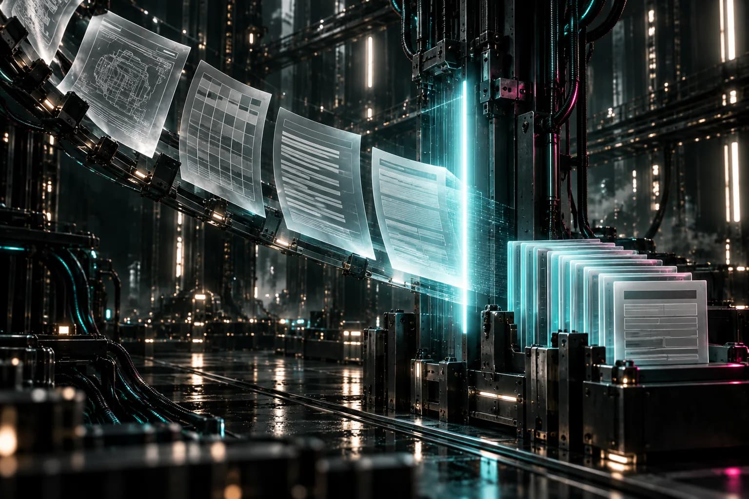 Mixed luminous documents converge through a cyan scanning aperture into an orderly work record in a dark intake chamber.