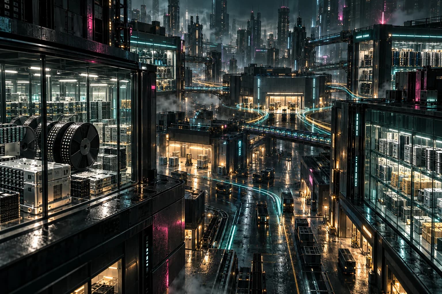 A rain-lit electronics supplier district connects several component depots through a branching luminous supply network.