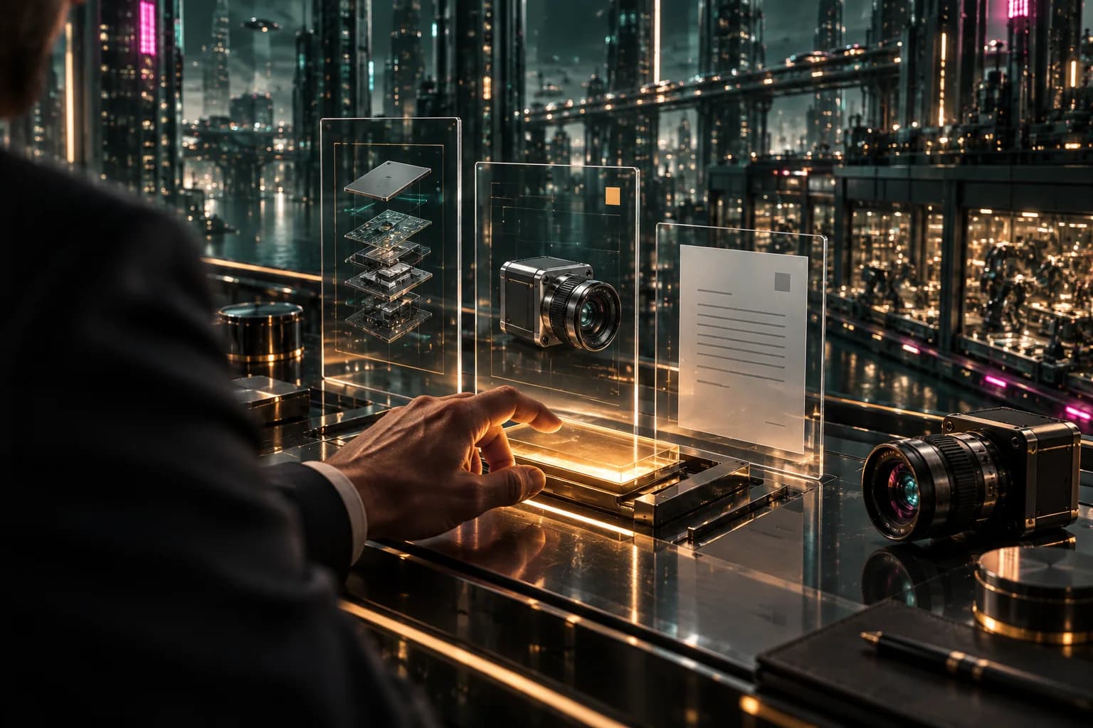 A decision-maker reviews layered cost and quotation structures at an amber-lit glass console overlooking an electronics business district.