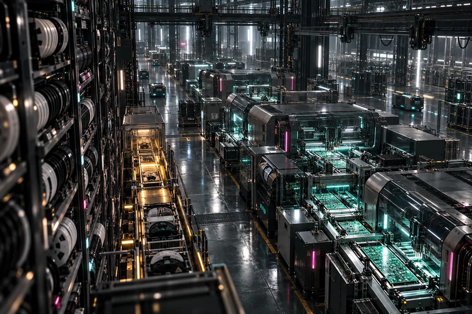 An elevated view of an electronics factory shows component storage feeding populated-board production lines and separate waiting material carriers.