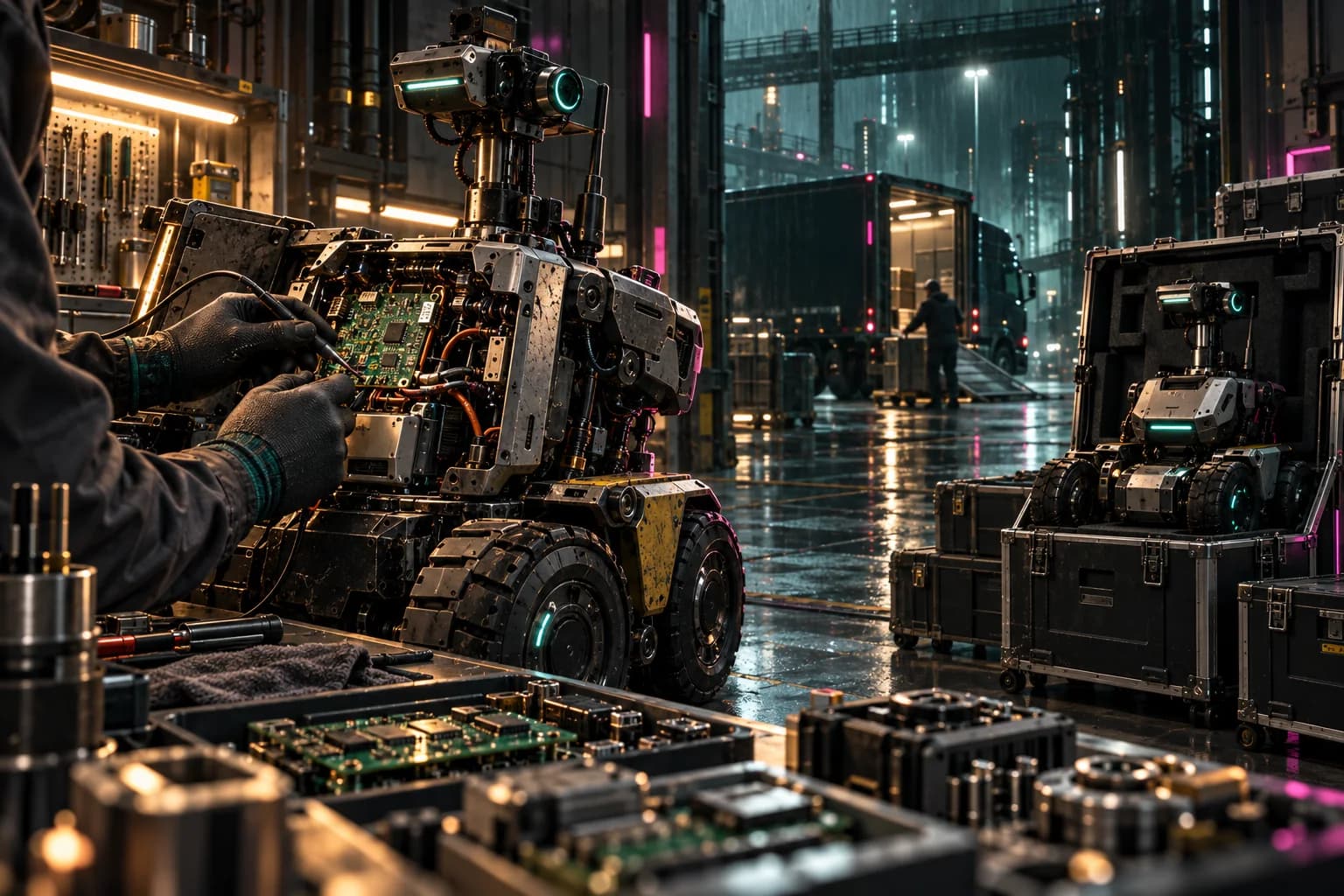 An amber-lit electronics service workshop contains an opened inspection robot, reusable circuit boards, and a restored unit packed for dispatch beside a rainy loading bay.