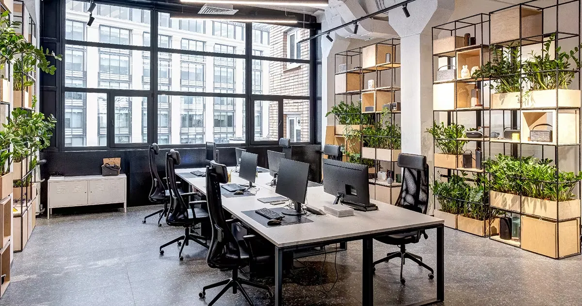 The O2 AI office in Berkeley, California, an open workspace with desks, monitors, and plants